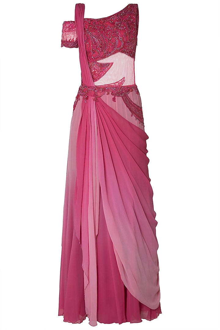 Pink Ombre Embroidered Drape Saree by Mandira Wirk