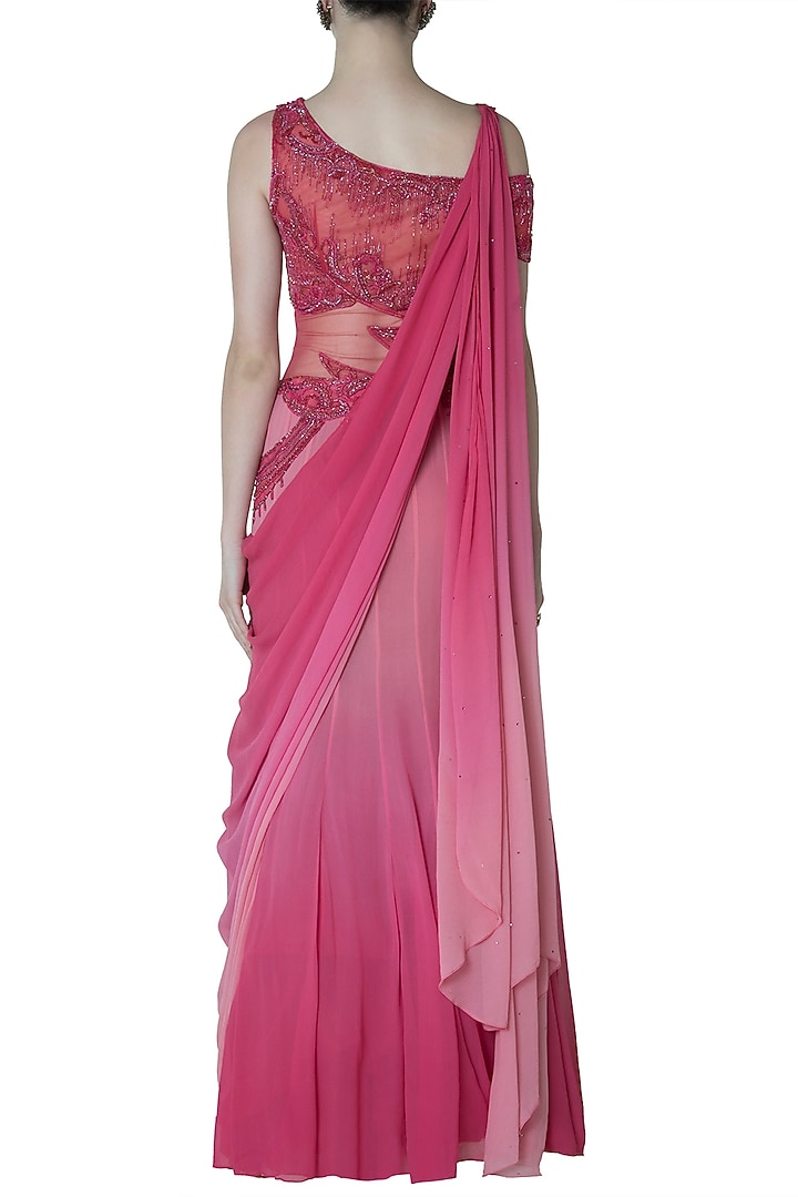 Pink embroidered drape saree set main image 1