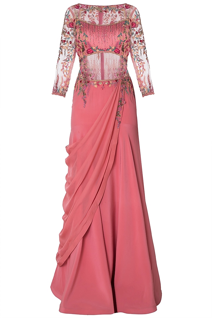 Pink Embroidered Drape Saree by Mandira Wirk