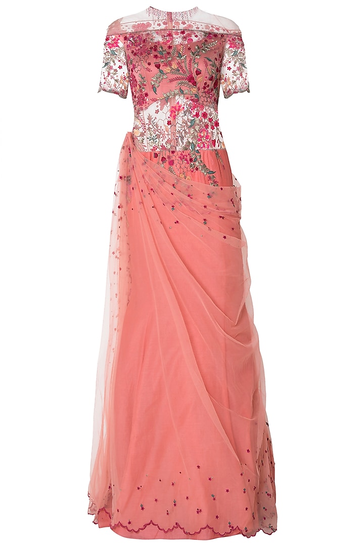 Coral Pink Embroidered Drape Saree by Mandira Wirk