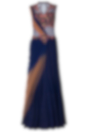 Navy Blue Ombre Embroidered Drape Saree by Mandira Wirk