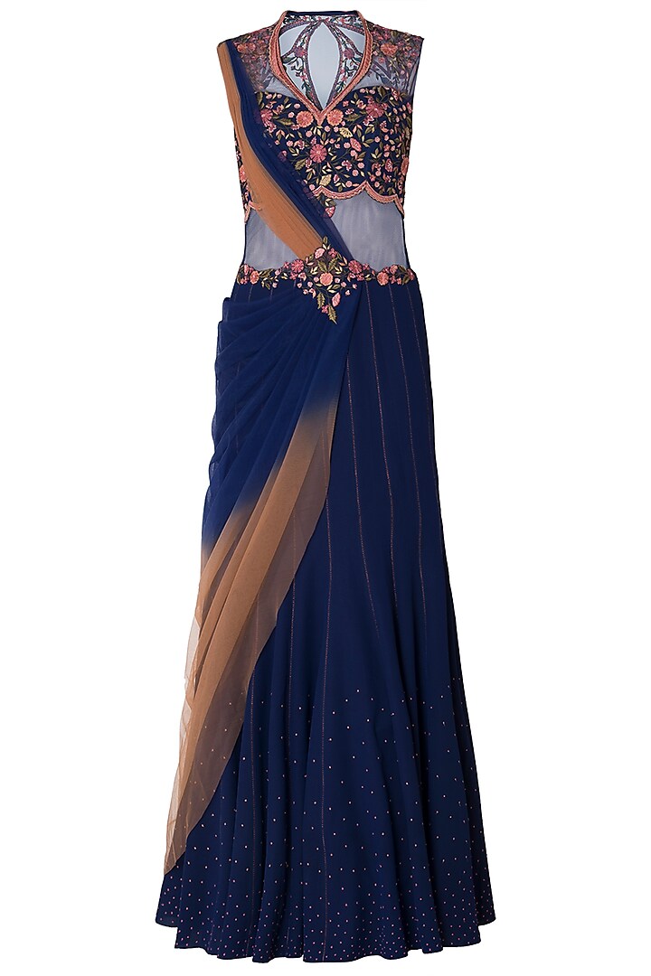 Navy Blue Ombre Embroidered Drape Saree by Mandira Wirk