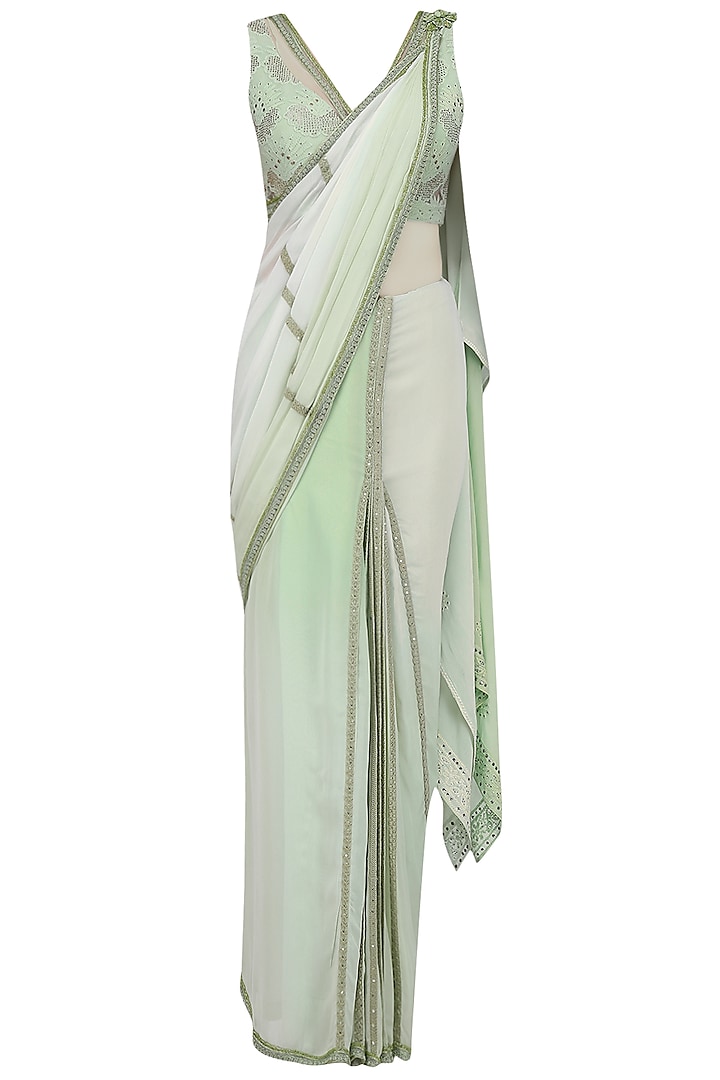 Pastel Green Mukaish Embroidered Saree with Blouse by Mandira Wirk