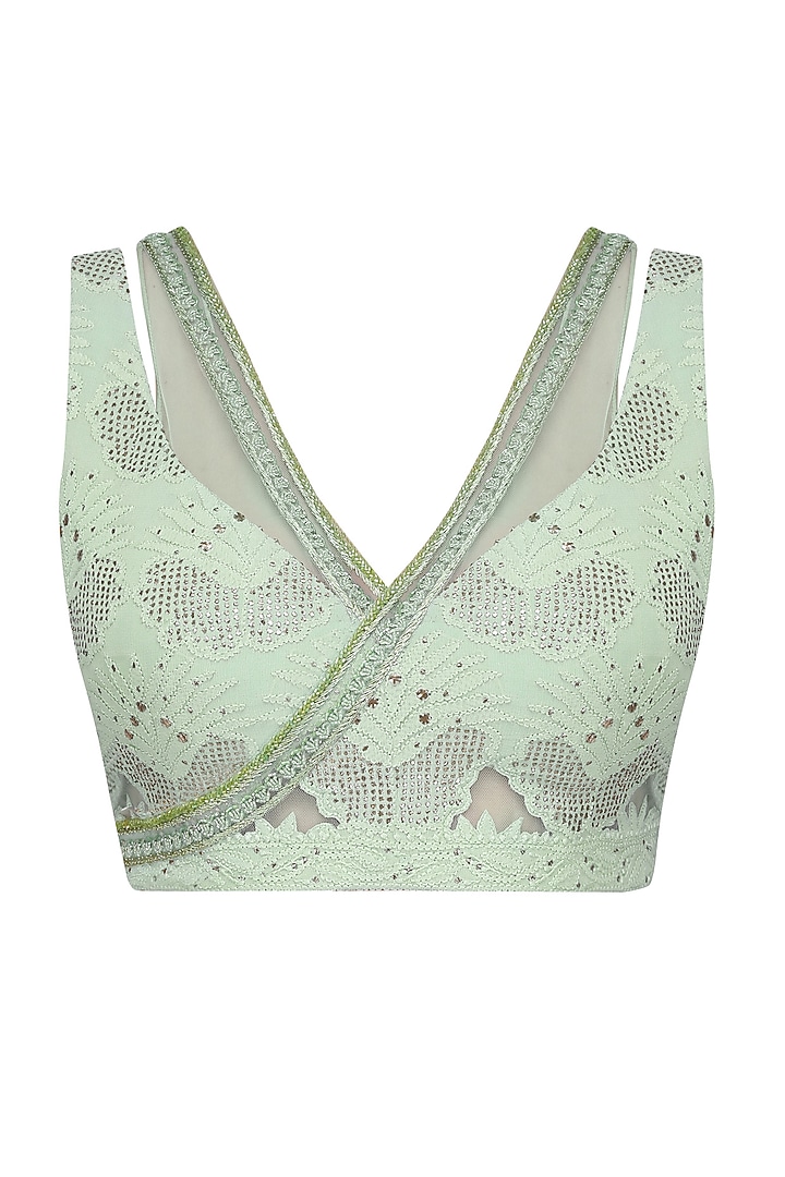 Pastel green mukaish embroidered saree with blouse available only at Pernia's Pop Up Shop.