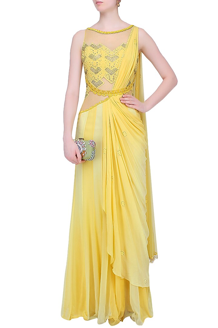 Yellow mukaish embroidered drape saree available only at Pernia's Pop Up Shop.