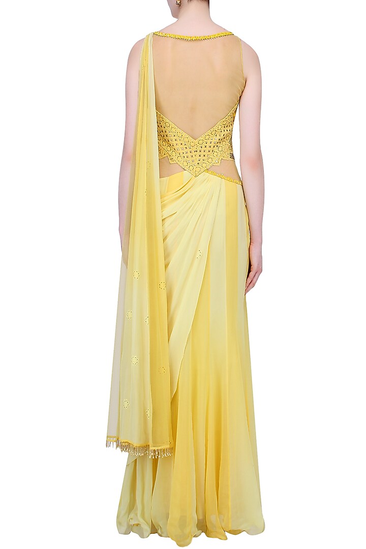 Yellow mukaish embroidered drape saree available only at Pernia's Pop Up Shop.