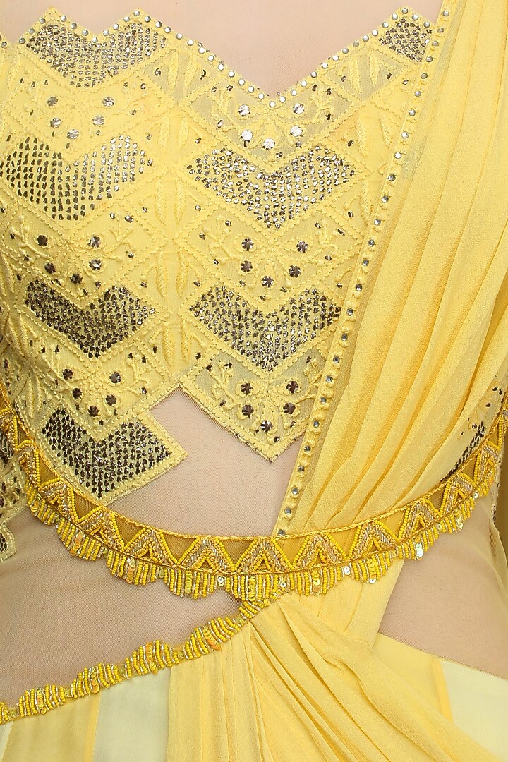 Yellow mukaish embroidered drape saree available only at Pernia's Pop Up Shop.
