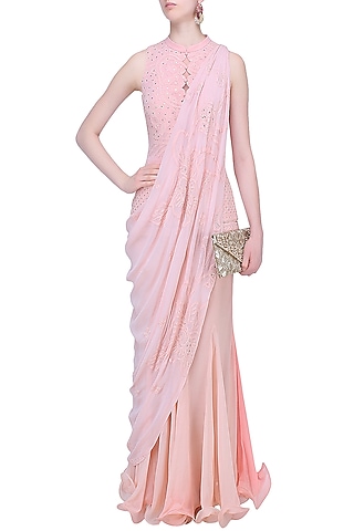Light Pink Mukaish Embroidered Lehenga Set by Mandira Wirk - Indian