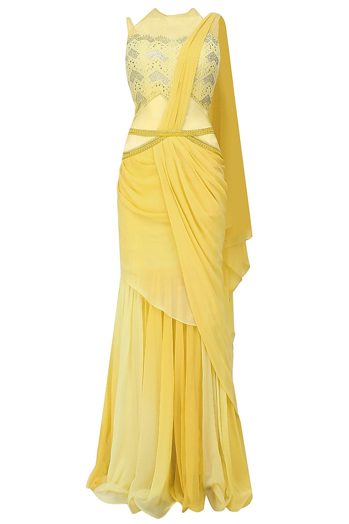 Yellow mukaish embroidered drape saree available only at Pernia's Pop Up Shop.
