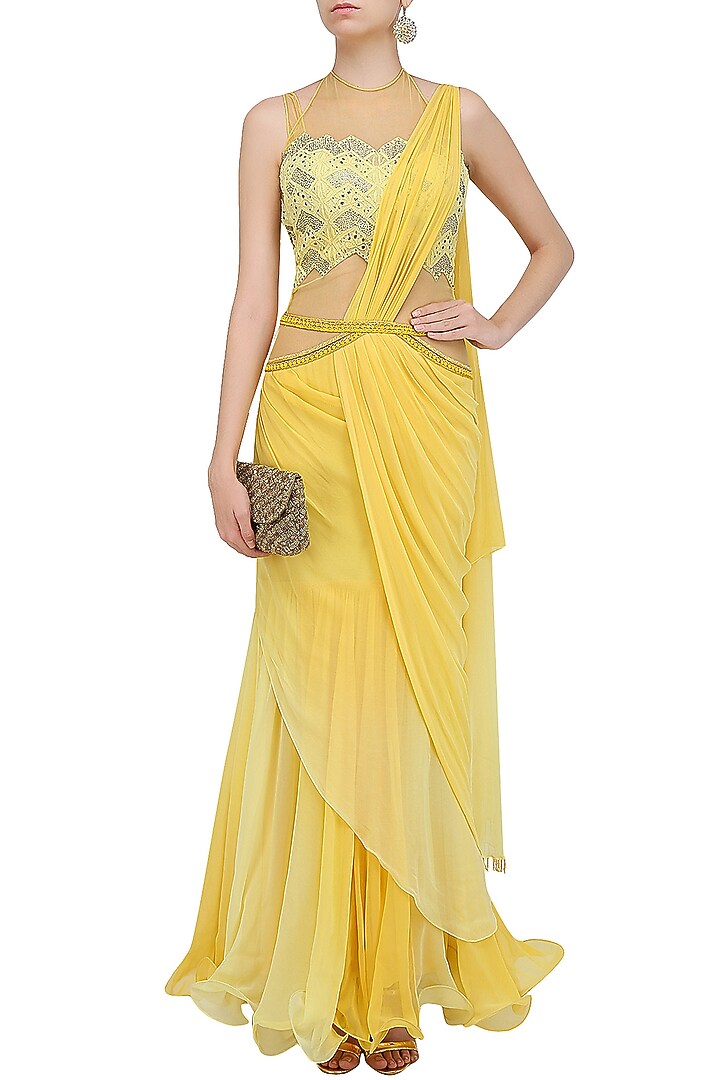 Yellow mukaish embroidered drape saree available only at Pernia's Pop Up Shop.
