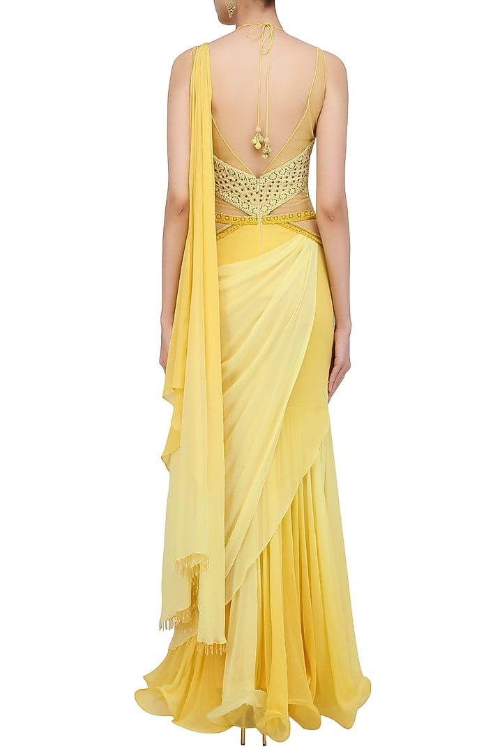Yellow mukaish embroidered drape saree available only at Pernia's Pop Up Shop.