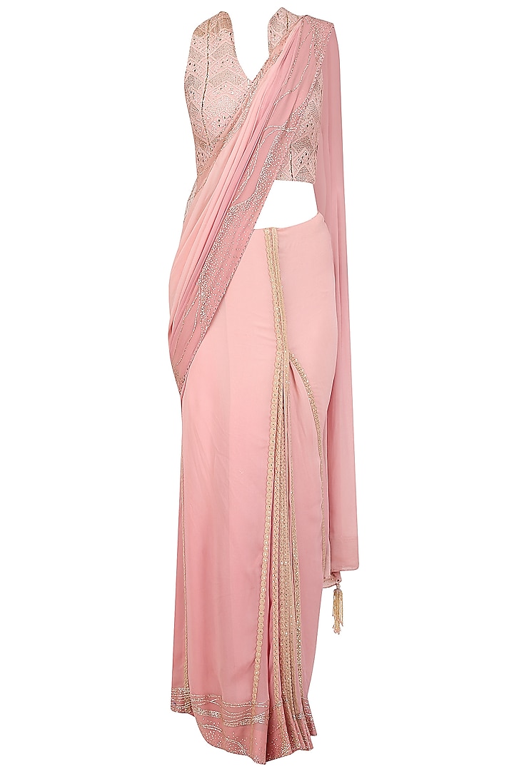 Onion Pink Mukaish Embroidered Saree with Blouse by Mandira Wirk