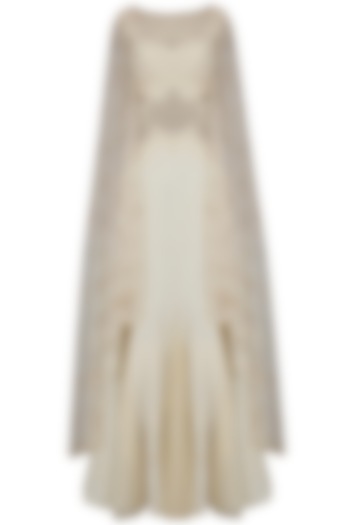 Ivory Beaded Nouveau Dress with Attached Back Net Cape by Mandira Wirk