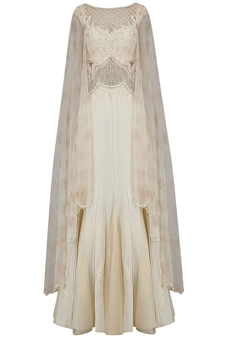 Ivory Beaded Nouveau Dress with Attached Back Net Cape by Mandira Wirk