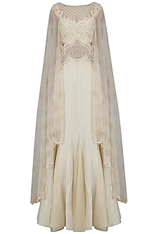 Ivory beaded nouveau dress with attached back net cape available only ...