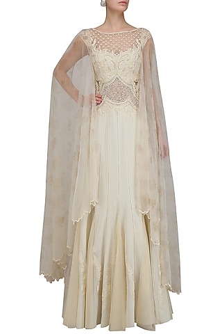 Ivory Beaded Nouveau Dress with Attached Back Net Cape by Mandira Wirk - Indian