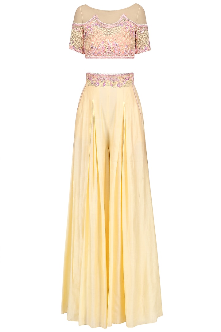 Pastel Yellow Geometric Flora Crop Top with Flared Pants by Mandira Wirk