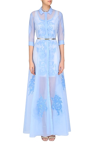 Ivory Nouveau Fitted Dress with Icy Blue Long Jacket by Mandira Wirk - Indian