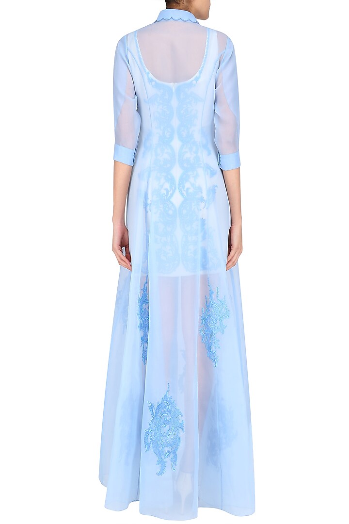 Ivory nouveau fitted dress with icy blue long jacket available only at Pernia's Pop Up Shop.