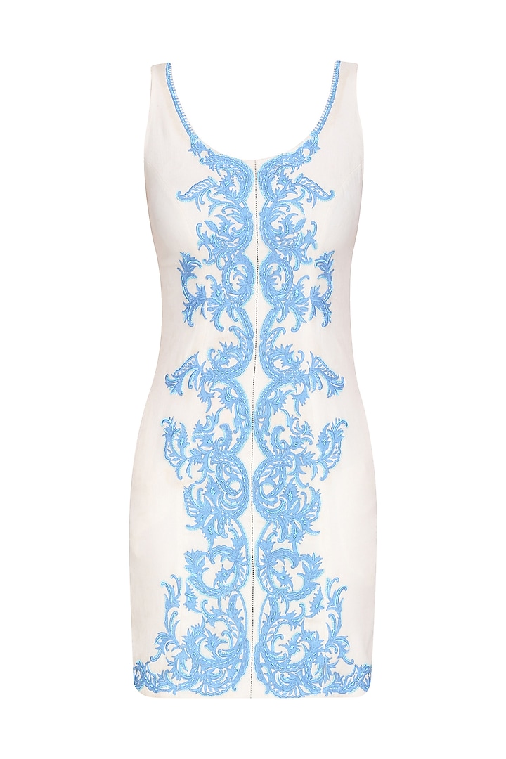 Ivory nouveau fitted dress with icy blue long jacket available only at Pernia's Pop Up Shop.