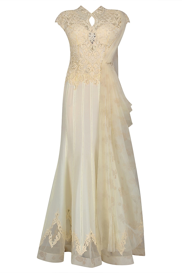 Ivory Nouveau Embroidered Draped Saree Gown by Mandira Wirk