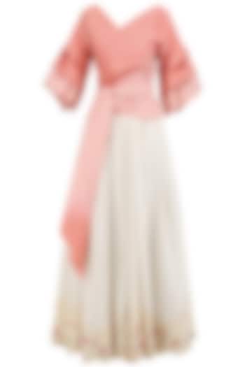 Dark Coral and Ivory Nouveau Pleated Skirt with Senorita Wrap Top by Mandira Wirk