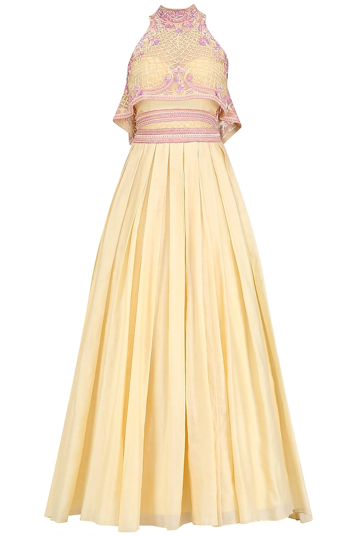 Pastel Yellow Geometric Flora Flared Top with Pleated Corset Dress by Mandira Wirk