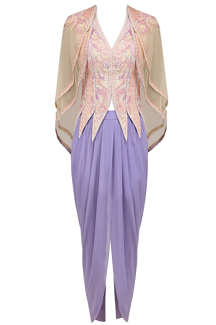 Ivory Flora Conical Jacket with Double Layered Cape and Lilac Dhoti Pants by Mandira Wirk
