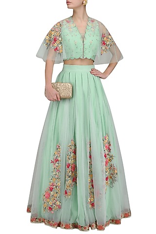 Aqua Green Flora Work Multi Net Drape Blouse with Pleated Long Skirt by Mandira Wirk - Indian