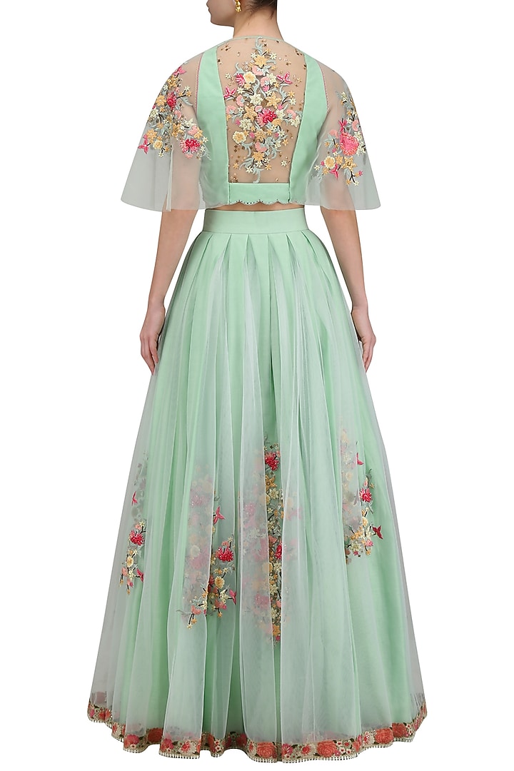 Aqua green flora work multi net drape blouse with pleated long skirt available only at Pernia's Pop Up Shop.