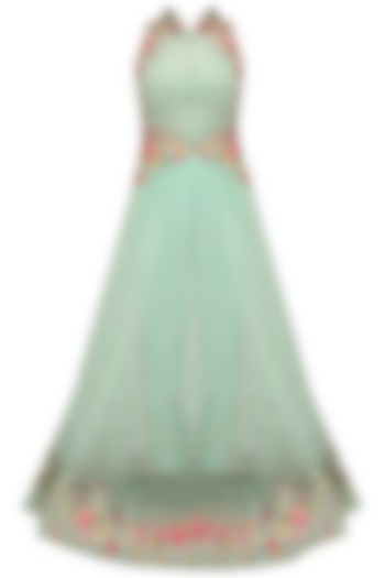 Aqua Green Flora Pleated Long Jacket with Trouser and Chantilly Bustier by Mandira Wirk