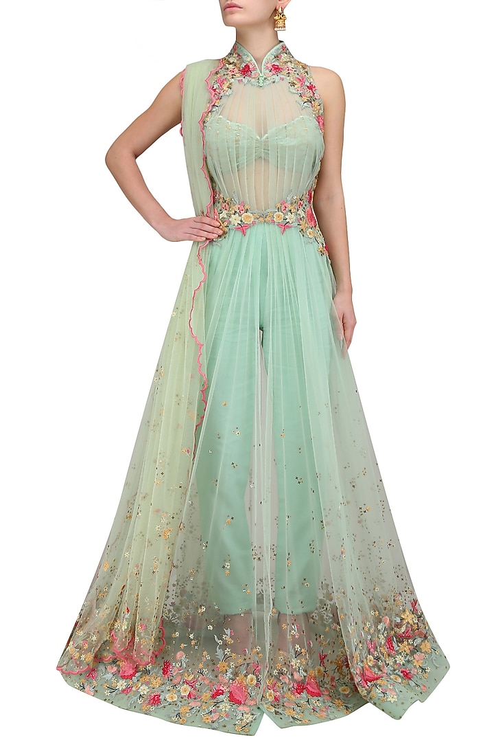 Aqua green flora pleated long jacket with trouser and chantilly bustier available only at Pernia's Pop Up Shop.