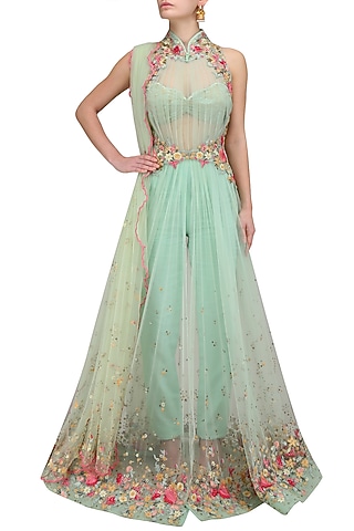 Aqua Green Flora Pleated Long Jacket with Trouser and Chantilly Bustier by Mandira Wirk - Indian