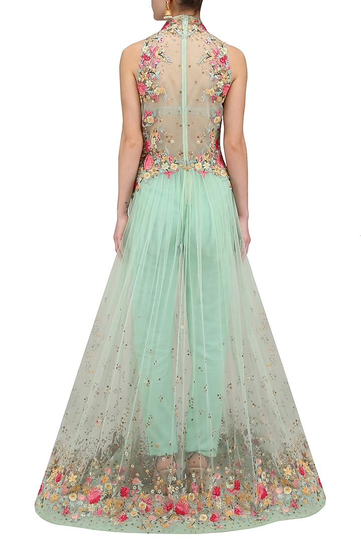 Aqua green flora pleated long jacket with trouser and chantilly bustier available only at Pernia's Pop Up Shop.