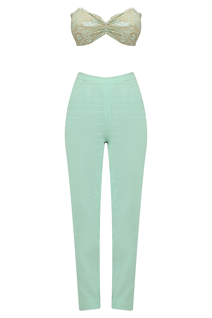 Aqua green flora pleated long jacket with trouser and chantilly bustier available only at Pernia's Pop Up Shop.