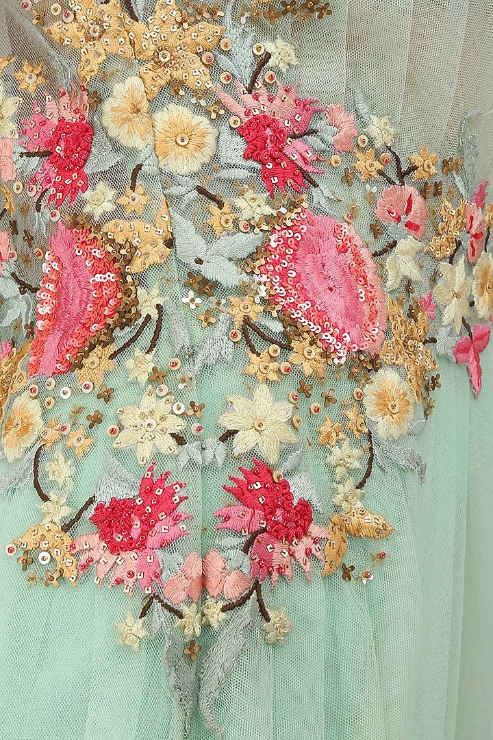 Aqua green flora pleated long jacket with trouser and chantilly bustier available only at Pernia's Pop Up Shop.