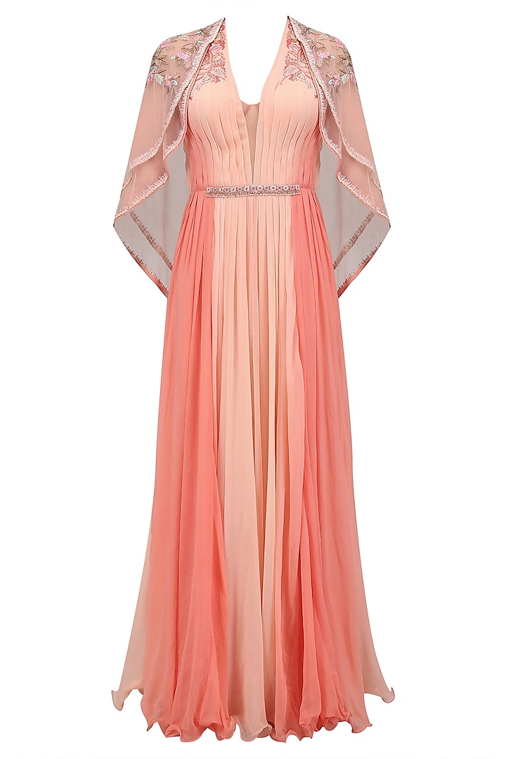 Coral Curled Roses Pleated Long Dress with Layered Flora Cape by Mandira Wirk