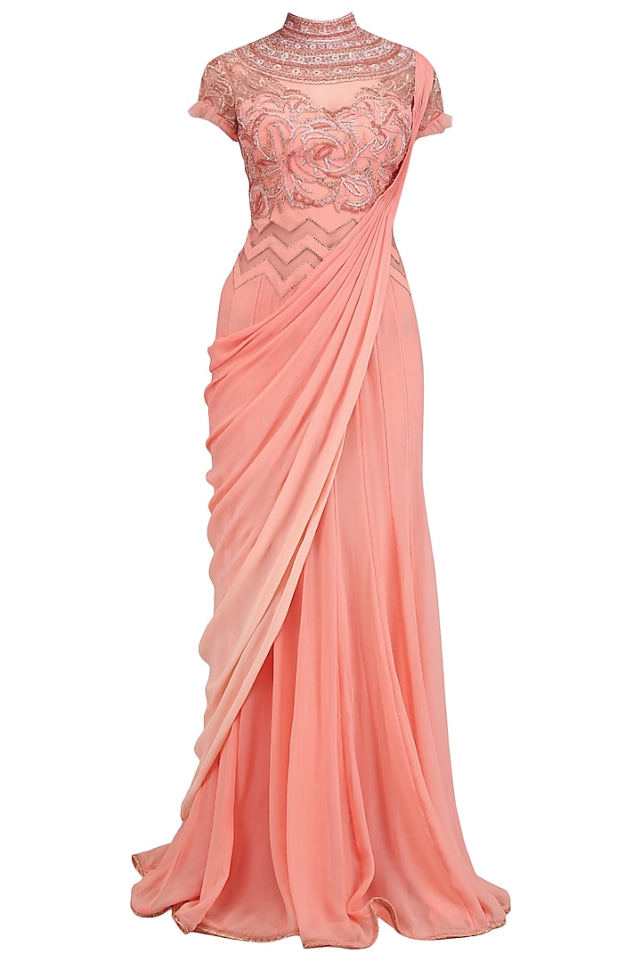 Coral Curled Roses Laser Cut Draped Saree by Mandira Wirk