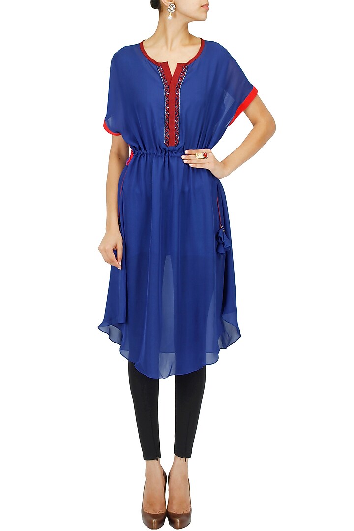 Deep blue embroidered contrast tunic available only at Pernia's Pop-Up Shop.