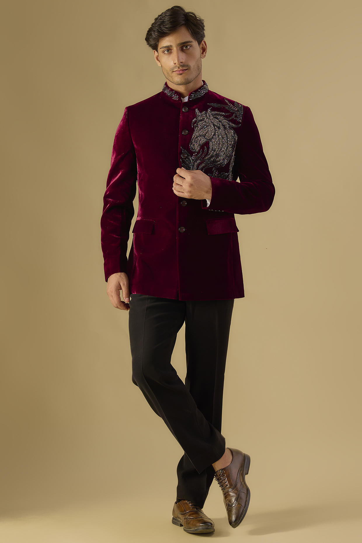 Wine Italian Fabric Embroidered Bandhgala Set by Mayank Chawla