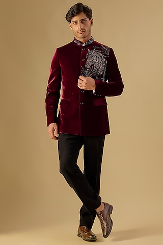 Wine Italian Fabric Embroidered Bandhgala Set by Mayank Chawla