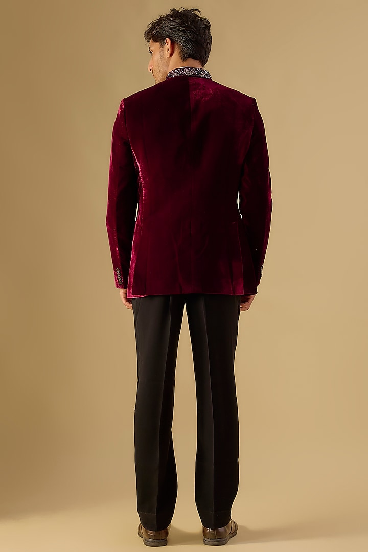 Wine Italian Fabric Embroidered Groom Bandhgala Set by Mayank Chawla at Pernia's Pop Up Shop