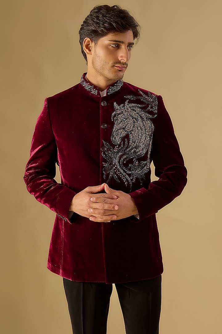 Wine Italian Fabric Embroidered Groom Bandhgala Set by Mayank Chawla at Pernia's Pop Up Shop
