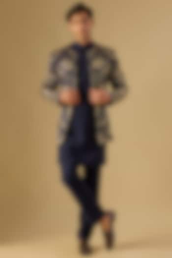 Navy Blue Italian Fabric Embroidered Indowestern Set by Mayank Chawla