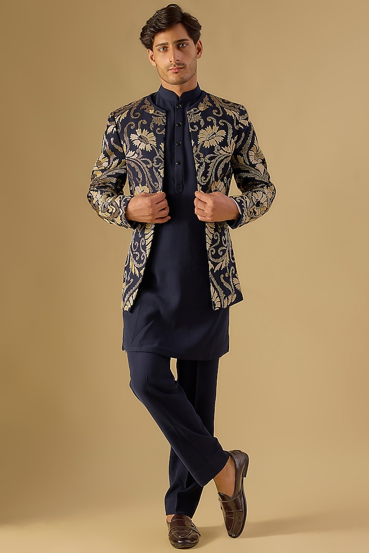 Navy Blue Italian Fabric Embroidered Indowestern Set by Mayank Chawla