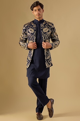 Navy Blue Italian Fabric Embroidered Indowestern Set by Mayank Chawla