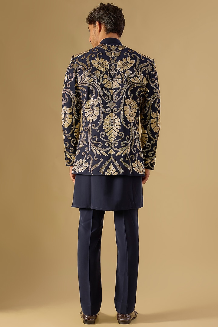 Navy Blue Italian Fabric Embroidered Groom Indowestern Set by Mayank Chawla at Pernia's Pop Up Shop