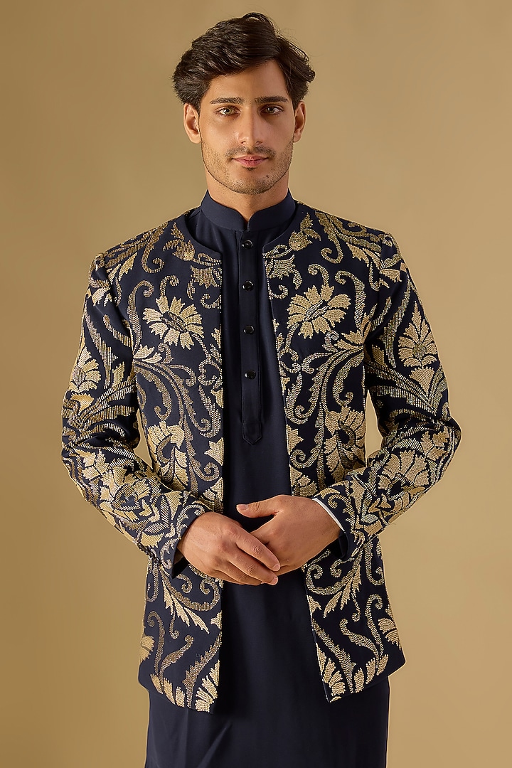 Navy Blue Italian Fabric Embroidered Groom Indowestern Set by Mayank Chawla at Pernia's Pop Up Shop