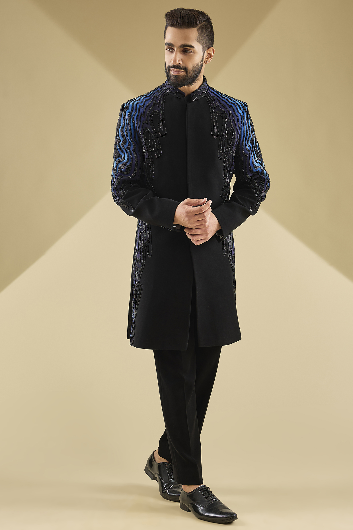 Navy Blue Italian Fabric Embroidered Indowestern Set by Mayank Chawla