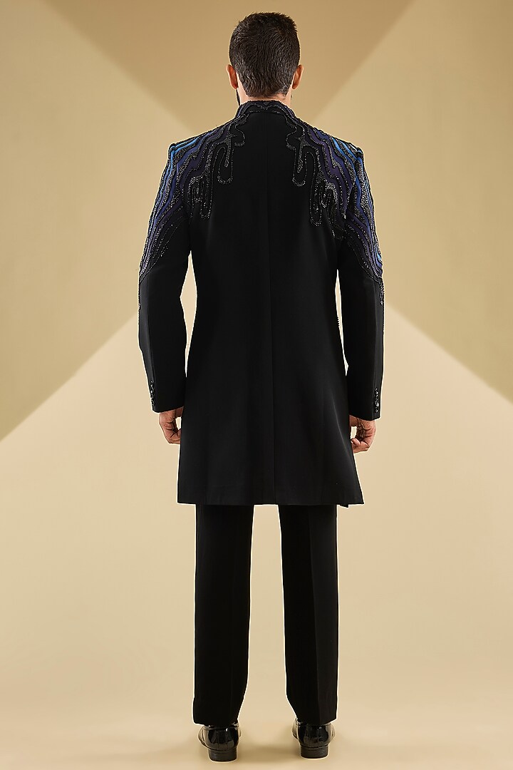 Navy Blue Italian Fabric Embroidered Indowestern Set by Mayank Chawla at Pernia's Pop Up Shop